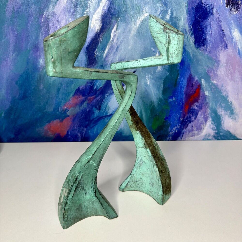 Pair Vintage Swan Arclumis Candle Holders Matthew Hilton Green Patina Abstract